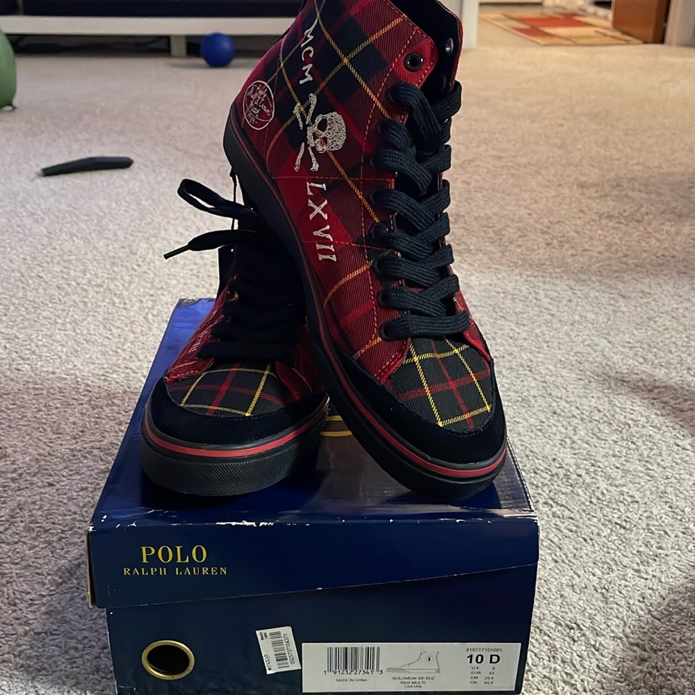 NIB Polo Ralph Lauren Solomon Downhill Skier Sneakers Red Multi Tartan Shoes 10D